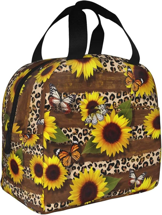Butterflies Lunch Bag Leopard Print Sunflower Insulated Lunch Box for Women Men Reusable Lunch Tote for Office Work Picnic Hiking