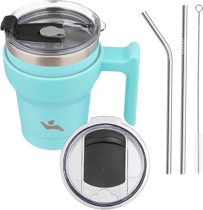 10 oz Tumbler with Handle and 2 Straw 2 Lid, Insulated Water Bottle Stainless Steel Vacuum Cup Reusable Travel Mug,Turquoise