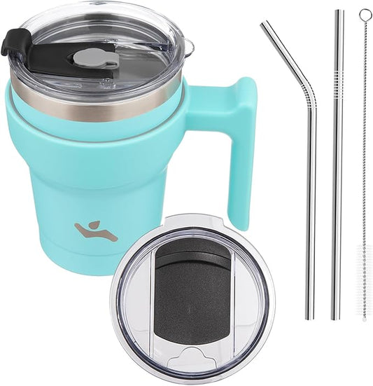 10 oz Tumbler with Handle and 2 Straw 2 Lid, Insulated Water Bottle Stainless Steel Vacuum Cup Reusable Travel Mug,Turquoise