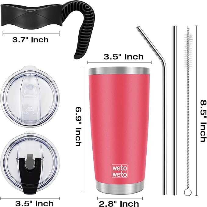 WETOWETO 20oz Tumbler with 2 lids and 2 straws, Stainless Steel Vacuum Insulated Water Coffee Tumbler Cup with Handle, Double Wall Powder Coated Travel Mug Thermal Cup (Watermelon Red, 1 Pack)