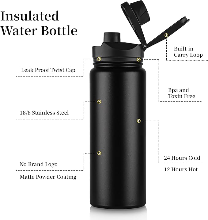 24 oz Insulated Water Bottle Bulk 8 Pack, Stainless Steel Sports Water Bottles with Straw Lid & Wide Mouth Lids, Double Walled Vacuum, Leak Proof, Black