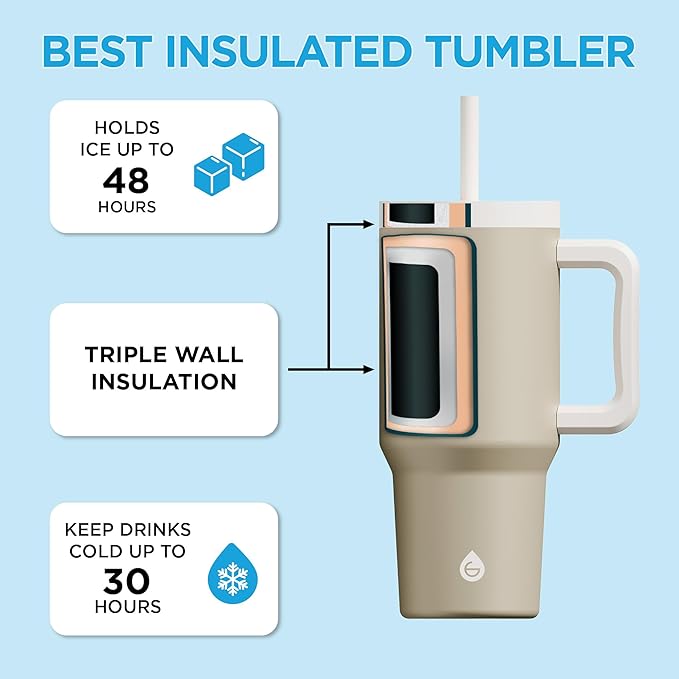 GROSCHE ASPEN 32 oz Tumbler with Handle and Straw. Extreme Insulation, Classy Design, Built to Last Insulated Stainless Steel Tumbler with Handle, Lid and Straw - Sand Beige