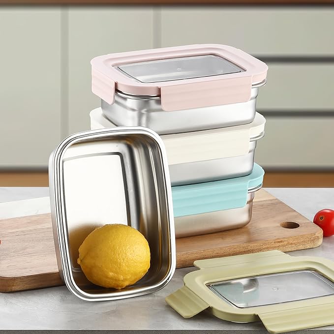 BEFOY 4PCS Stainless Steel Snack Container with Lids 22.8oz Meal Prep freezer Bento Lunch Snack Boxes for Leak Proof & Airtight,Reusable & Stackable (white, yellow, pink,green)