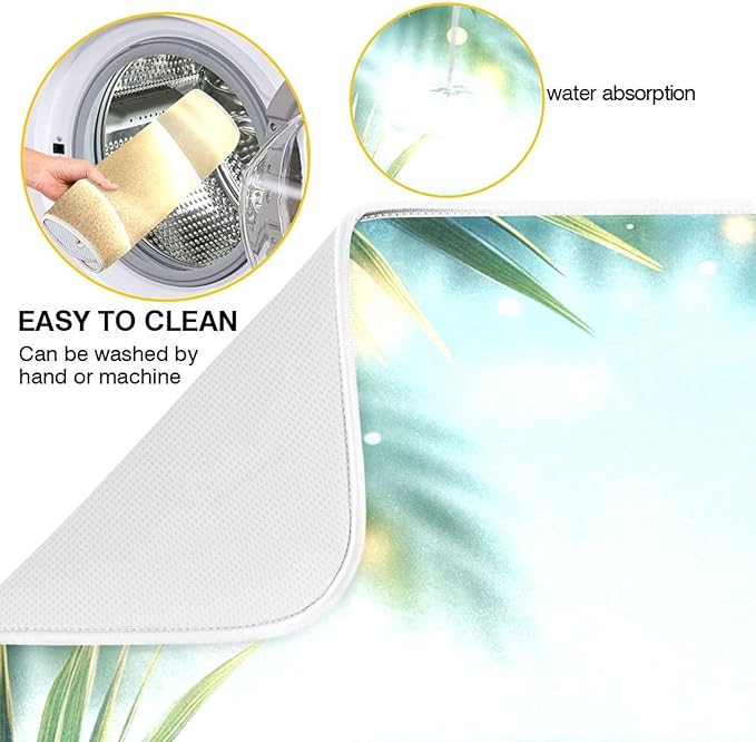 Summer Tropical Flowers Palm Leaves Dish Drying Mat for Kitchen Counter Super Absorbent Dishes Pad Reversible Microfiber Protector Dish Draining Mats 16x18 inch