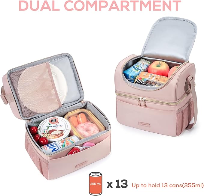TOURIT Insulated Lunch Bag with Dual Compartment, Leakproof Cooler Tote for Work Office Picnic, Thermal Food Container Pink