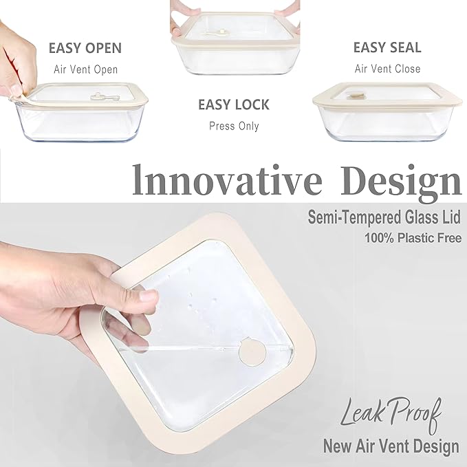 Urban Green Glass Food Container Set with Silicone Glass Lid, 3 Pack, Airtight, LeakProof, 100% Plastic Free, Meal Prep Containers (White Color)