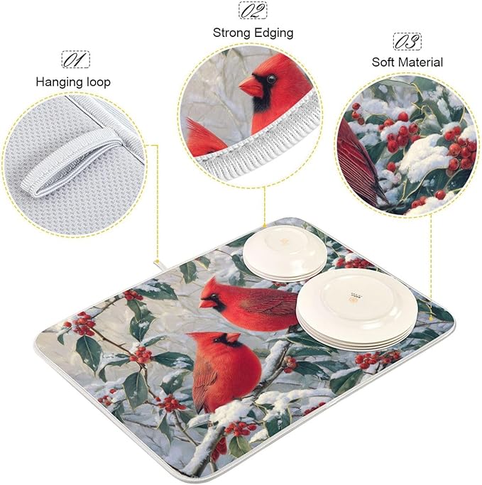 Red birds Snow Dish Drying Mat for Kitchen Counter Super Absorbent Dishes Pad Reversible Microfiber Protector Dish Draining Mats 16x18 inch