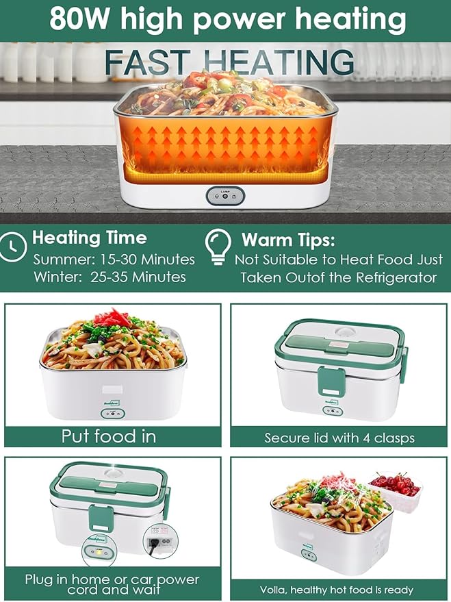 Buddew Electric Lunch Box for Adults, 80W Heated Lunch Box 1.8L Stainless Steel Portable Food Warmer,12/24/110V Lonchera Electrica Portatil for Travel & Work, Loncheras para Hombres de Trabajo(Green)