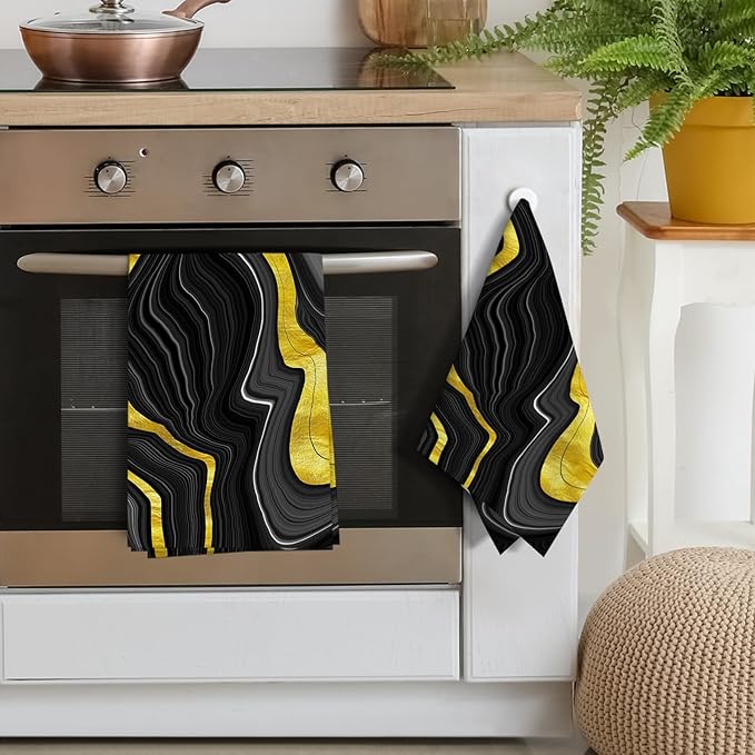 Black Gold Kitchen Towels Set of 2, Marble Texture Decorative Dish Hand Towels for Bathroom Bar Abstract Modern Absorbent Drying Cloth 16x24 Inch, Black Gold Kitchen Decor