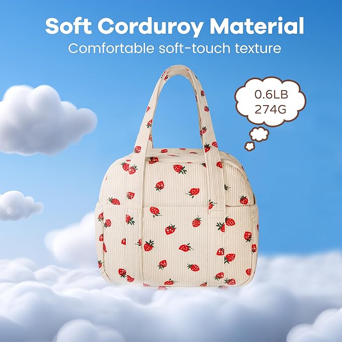 Yarnic Corduroy Lunch Bag Women Men Insulated, Large Lunch Box for Work with Bottle Pockets, Stylish Reusable Cooler Tote for Adults Teachers Picnic Hiking (Big Strawberry)