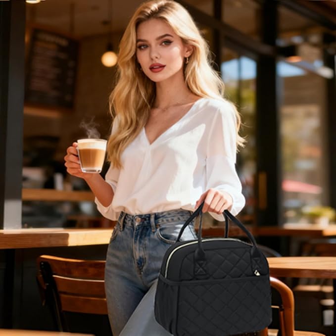 CAMTOP Lunch Box for Women Insulated Lunch Bag Lunchbox Cooler Thermal Leakproof Quilted Reusable Lunch Tote Bag for Work School Travel Picnic (Black)