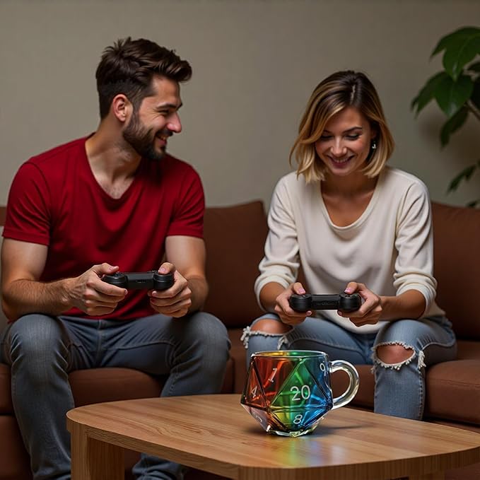 Rainbow D20 Dice Mug, D20 Dice Glass Coffee Mugs, Polyhedral Dice Coffee Cup with Handle, Funny Collection Class Coffee Mug, Gift for Game Enthusiasts