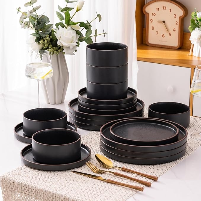LERATIO Ceramic Dinnerware Sets for 8, High Edge Stoneware Plates and Bowls Set, Chip and Crack Resistant | Oven & Dishwasher & Microwave Safe Dishes Set, Service for 8 -Ashen