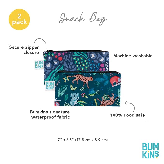Bumkins Reusable Snack Bags, for Kids School Lunch and for Adults Portion, Washable Fabric, Waterproof Cloth Zip Bag, Supplies Travel Pouch, Food-Safe, 2-pk Jungle and Animal
