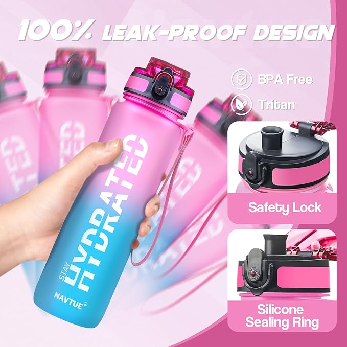 Water Bottle, 32oz Sports Water Bottles with Time Marker Wide Mouth, Motivational and Leakproof Drink Bottle, BPA Free Tritan with Carry Strap for Gym Fitness Outdoor (Direct Drink 1 Bottle)