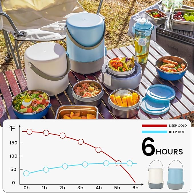 60.87oz Insulated Soup Container,Thermos Container For Hot Food,Contains 3 Tier Stainless Steel Leak Proof Stackable Thermal Food Jar,lunch box Containers For Office Picnic Travel Outdoors (White)