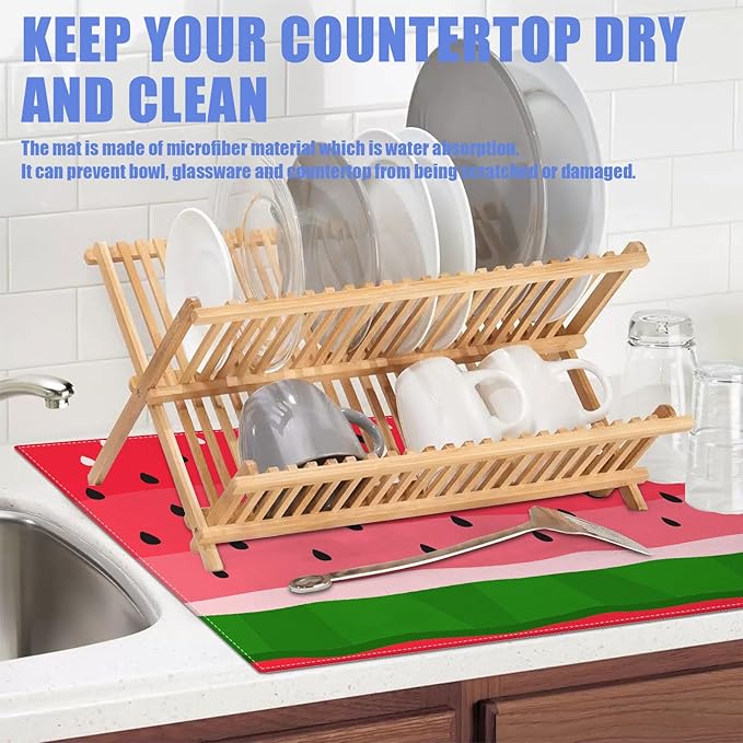 Watermelon Dish Drying Mat for Kitchen Counter Fruit Drying Pad Absorbent Reversible Dish Drainer Rack Mats Draining Pad 18"x24"Inch