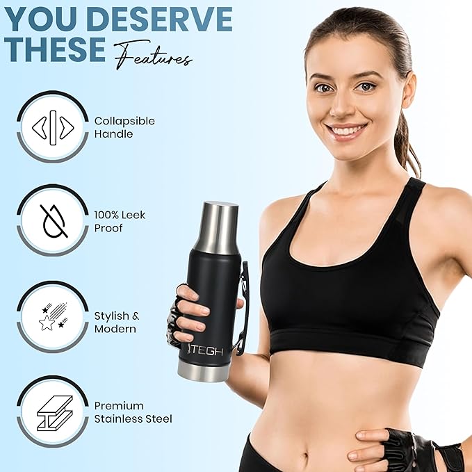 TEGH 40 oz insulated water bottle vacuum insulated wide mouth water bottle leakproof travel bottle BPA-free stainless steel water bottle hot and cold beverage bottle