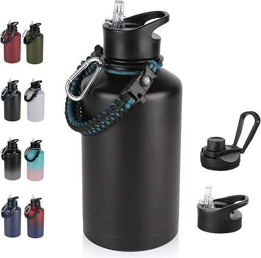 64 oz Insulated Water Bottle with Straw & Spout Lids, Stainless Steel Metal Half Gallon Water Jug with Paracord Handle, Double Wall Vacuum, Leakproof, Keep Drinks Cold & Hot, Black