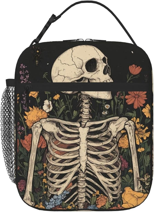 SUPLUCHOM Lunch Bag Skeleton Flower Skull Vintage Insulated Box Reusable with Side Pocket for Girl Boy Women Men Work School Picnic Hiking Daytrip Over 3 Years Old