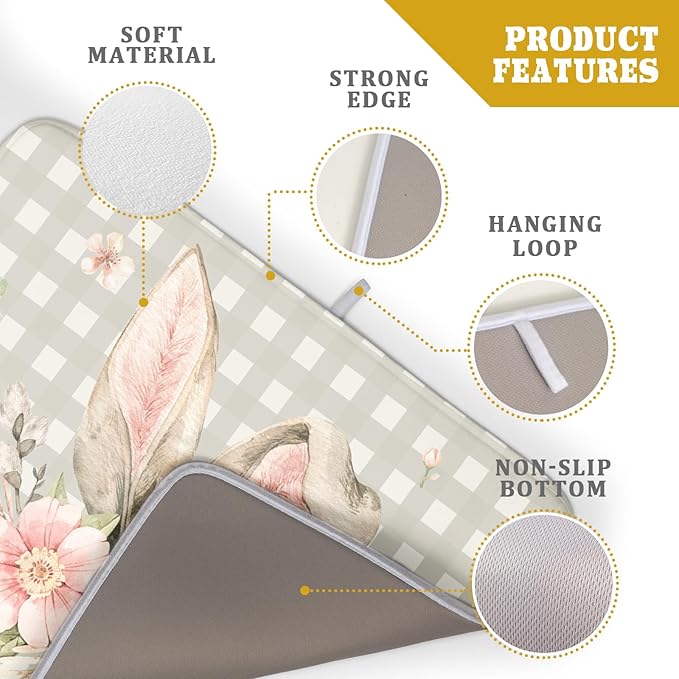 Spring Easter Dish Drying Mats for Kitchen Counter 18×24 Inch Cute Bunny Flowers Large Microfiber Drying Mat Kitchen Accessories Dish Rack Mat Drainer Pad Washable Absorbent