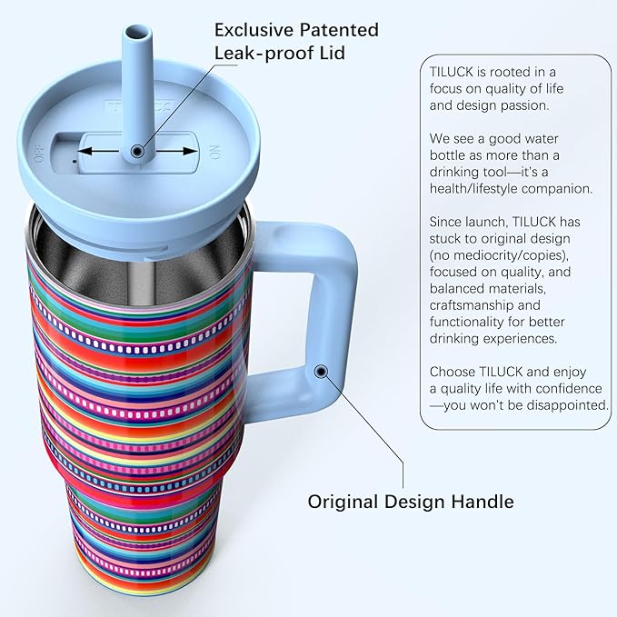 TILUCK 40 oz Tumbler with Handle, Vacuum Insulated Stainless Steel Travel Mug with 100% Leak-Proof Silicone Straw Lid, Cupholder Friendly Water Bottle(RainbowStripes, 40oz)