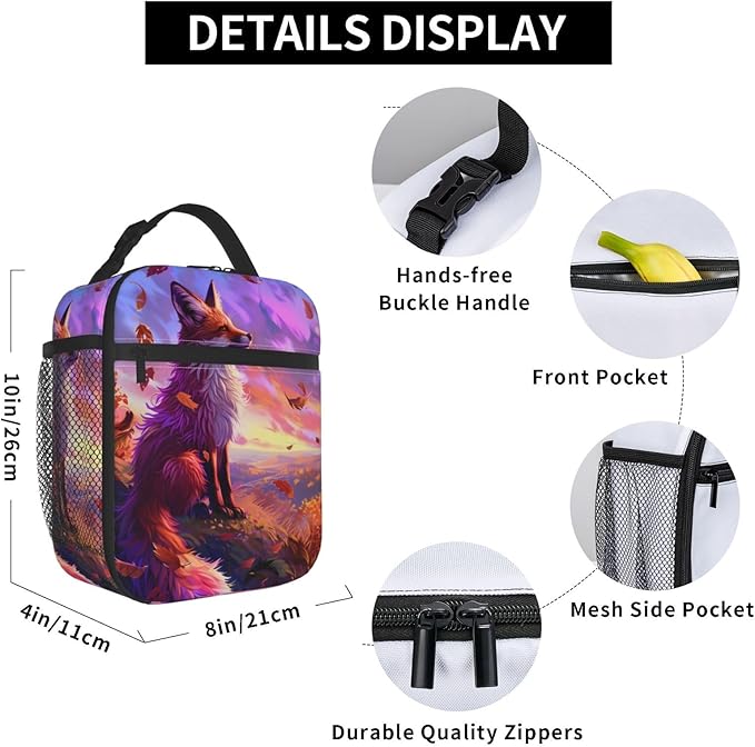 Stunning Sunset Fox Lunch Box for Women Girls Kids, Insulated Cooler Lunch Bag with Fall Leaf for School, Picnic, Office, Travel, Work, Portable Reusable Polyester Thermal Tote Lunch Bags