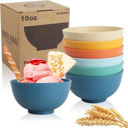 Wrova Handy Wheat Straw Bowls Set of 6,Unbreakable Ice-Cream Bowls Sets for Kids,10oz Small Dessert Bowls for Kitchen,Camping and RV.Vibrant Series