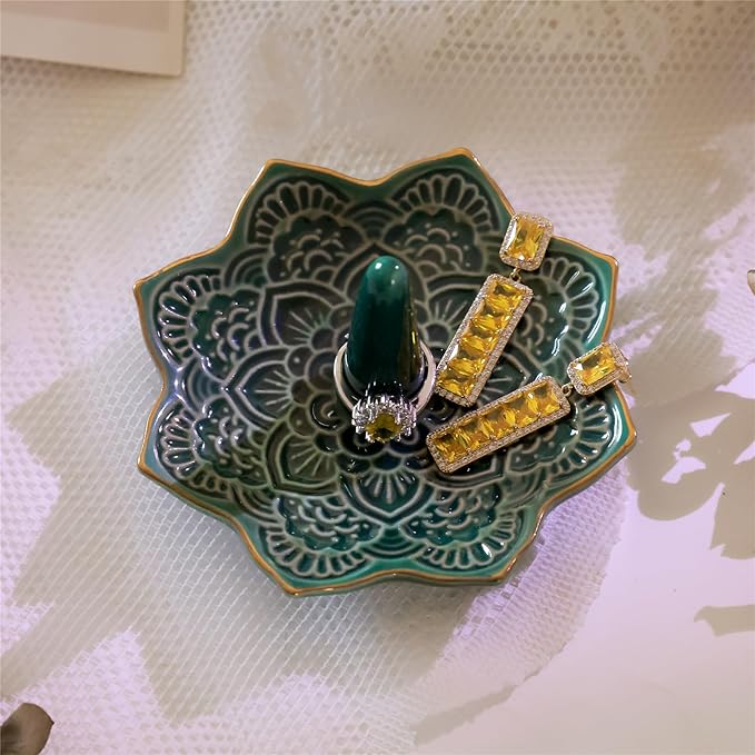 Ceramic Mandala Ring Holder, Decorative Jewelry Dish, Trinket Tray Room Decor, Engagement Wedding Birthday Gifts for Women (Green)