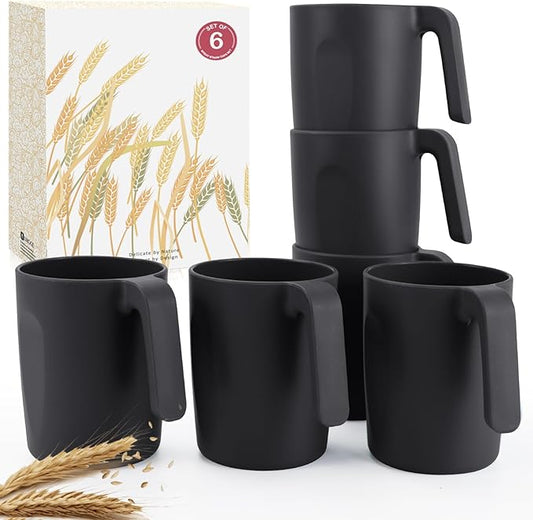 Wrova 16oz Wheat Straw Cups with handles set of 6-Plastic Cups Reusable-Unbreakable Kids Mugs-Dishwasher Safe & Microwave Safe-Ideal Plastic Mugs for Tea,Coffee,Camping,RV-Black