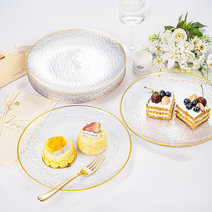 Rubtlamp 100 Pcs Gold Plastic Plates - 10 inch Clear Gold Dinner Plates - Hammer Pattern Design - Fancy Disposable Plate - Heavy Duty Party Plate Ideal for Wedding