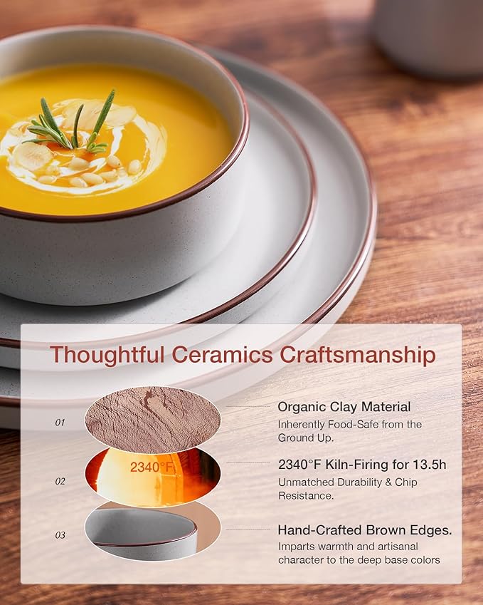 Famiware Nebula Ridge Stoneware Dinnerware Sets, Plates and Bowls Sets for 4, 12 Pieces Dishes Set, Microwave and Dishwasher Safe Kitchen Plates, Light Gray