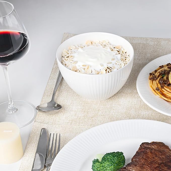 12 Piece Porcelain Dinnerware Sets for 4, White Plates and Bowls Sets with Embossed Stripe Decro, Elegant Kitchen Dish Sets - Dishwasher and Microwave Safe, QOMO-1996