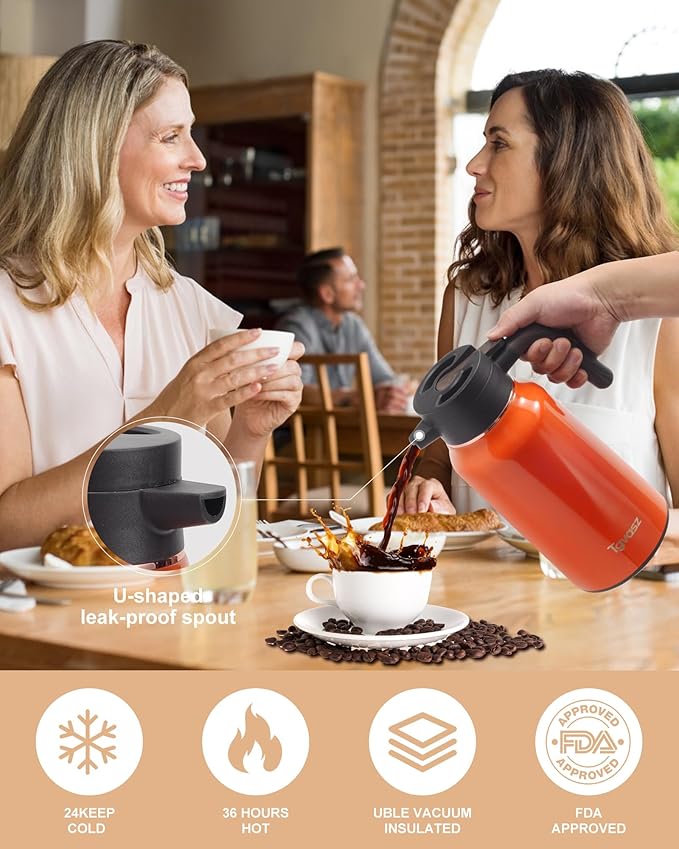 Thermal Coffee Carafe 70 oz - 36 Hours Hot(Stainless Steel Carafes for Hot Liquids-Insulated Coffee Carafes For Keeping Hot/Cold Coffee, Tea, Water, Drink Dispenser for Parties(Orange)
