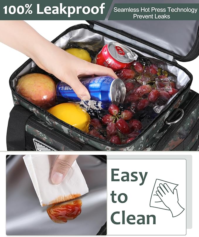 Tactical Lunch Box for Men, Expandable Large Insulated Lunch Bag for Adult, Heavy Duty Double Deck Lunch Cooler Bag with Shoulder Strap, Leakproof Soft Lunch Pail with American Flag - Green Camo