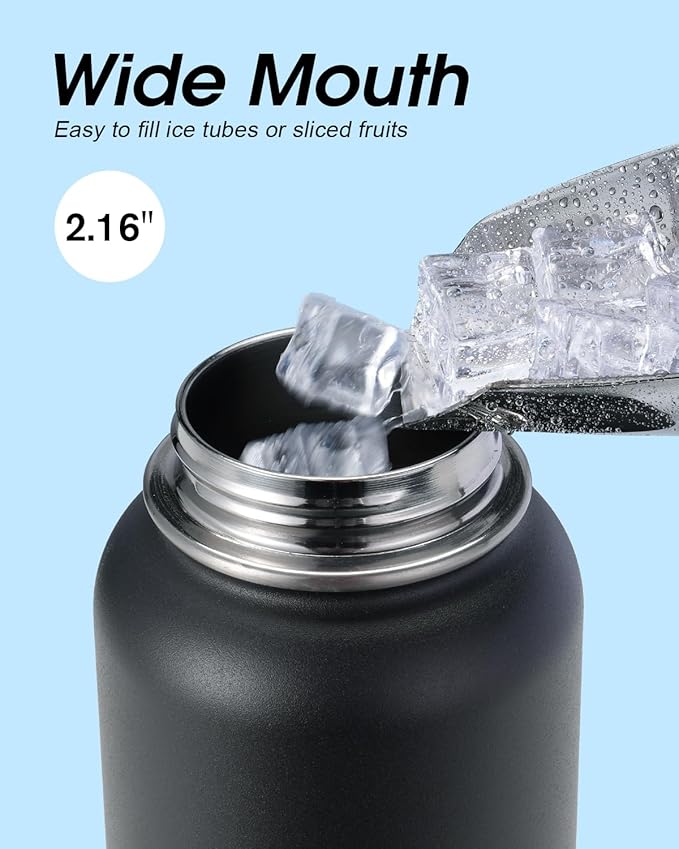 Water Bottle 32 oz Insulated with Straw, Coolflask Stainless Steel Metal 3 Lids Water Flask Wide Mouth for Sports or Office, Non-BPA Keep Cold Up to 48 Hrs or Hot Up to 24 Hrs, Piano Night