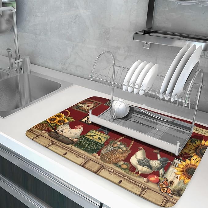 Rooster Dish Drying Mat 18x24 Inch with Hanging Loop,Vintage Country Style Farmhouse Chickens Absorbent Microfiber Non-Slip Counter Rack Sink Drainer Pad for Kitchen Countertop Table Decor