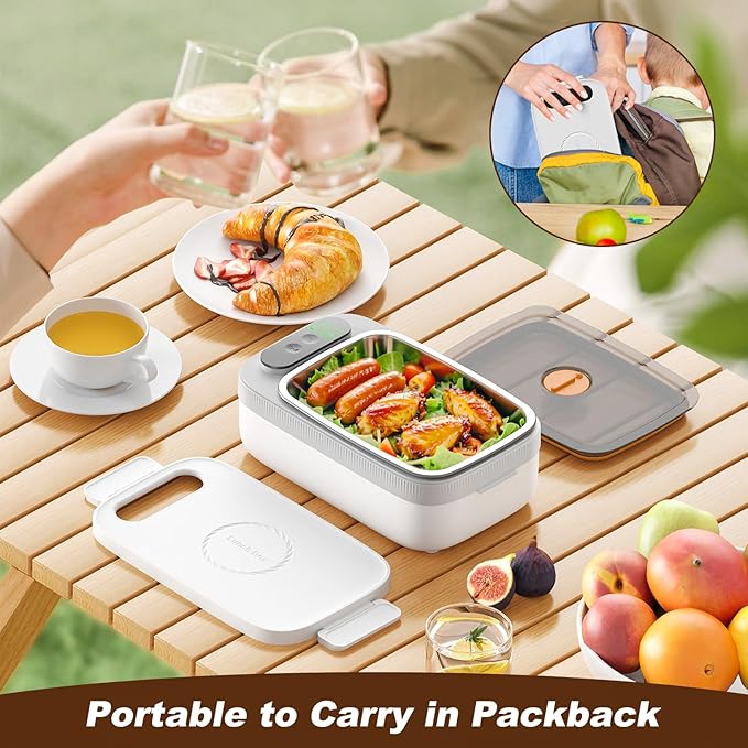 VVU&CCO Electric Lunch Box For Adults, 18W Heated Lunch Box for Men, 1L Stainless Steel, Portable Food Warmer for Office/Picnic/Car/Truck/Work, 7 Timer Self-Heating, No Waiting for Lunch