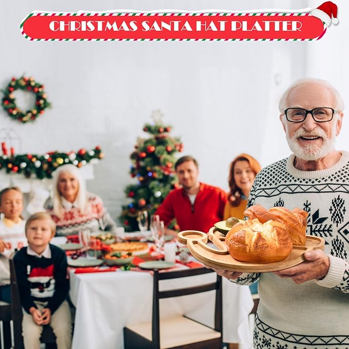 AWIZOM Christmas Hat Wooden Serving Tray Christmas Bamboo Platter Santa Hat Shape Wooden Charcuterie Board Wood Snack Dish Plate for Xmas Holiday Housewarming Present,14.17x10.79x0.59 Inch