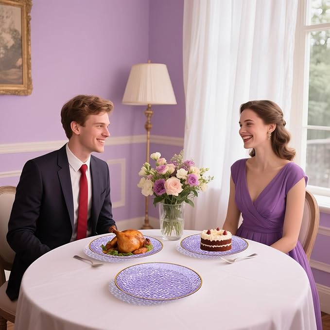 SUT 36Pcs Purple Plastic Plates, Hammered Plates Disposable Heavy Duty, Purple Disposable Plates With Gold Rim, Fancy Plastic plates Include 18 Dinner and 18 Dessert plates for Wedding