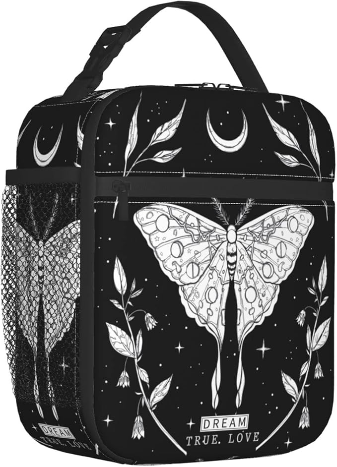 SUPLUCHOM Lunch Box Girl Black White Butterfly Moon Tarot Insulated Bag Reusable with Side Pocket for Work School Picnic Hiking Daytrip Kid Women Over 3 Years Old