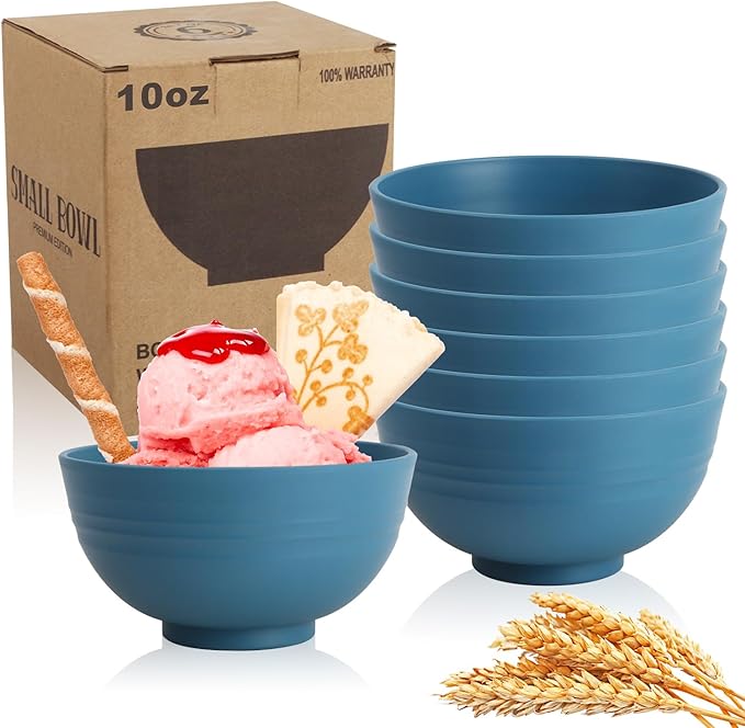 Wrova Small Wheat Straw Bowls Sets of 6,Dishwasher Safe and Microwave Safe Snack Bowls 10oz,Alternative Handy Plastic Bowls Reusable for Snack and Ice Cream. Blue