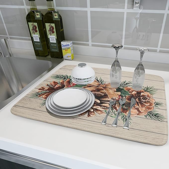 Winter Pine Cone Dish Drying Mat Holly Berries Dish Draining Mat Microfiber Washable Dish Drainer Rack Mat for Home Kitchen Counter 18"x24"