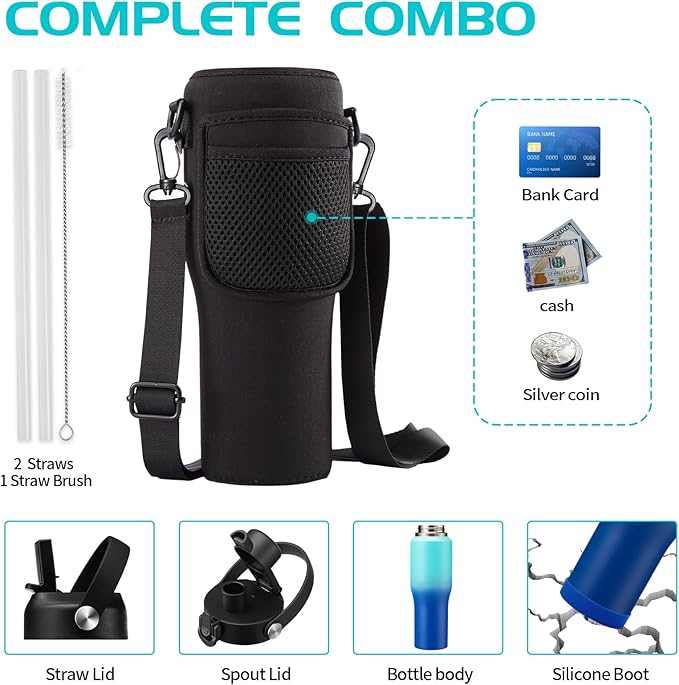 32 OZ Stainless-steel Insulated Water Bottles - Cold 48H & Hot 24H, Leak-Proof Metal Water Flask with Sleeve, Protective Boot, BPA Free Vacuum Insulated 32 Oz Water Bottle Fits In Cup Holder