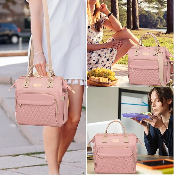 AIJIEKE Lunch Bag for Women, Large Lunch Box for Work Insulated Lunch Bag, Adult Leak Proof Lunch Tote Cooler Bag with Side Pockets & Adjustable Strap, Lunch Purse for Picnic Beach Hiking, Pink