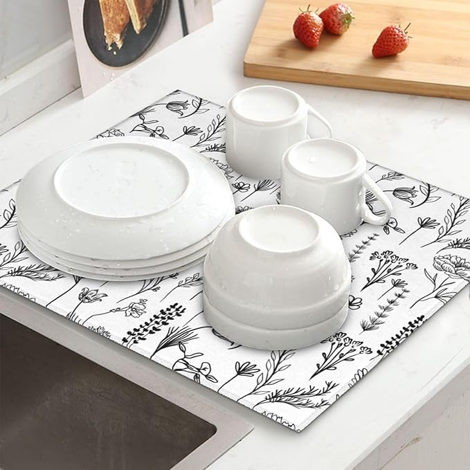 Black and White Floal Kitchen Dish Drying Mat for Counter, Aesthetics Dish Draining Mat Microfiber Absorbent Reusable Washable Extra Large 18"x24" (black and white floral, 18"x24")