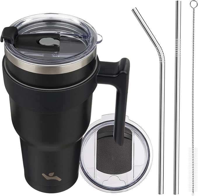 40 oz Tumbler with Handle and 2 Straw 2 Lid, Insulated Water Bottle Stainless Steel Vacuum Cup Reusable Travel Mug,Black