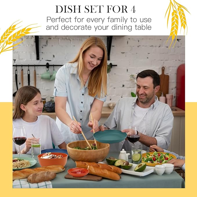 Wheat Straw Dinnerware Sets for 4,Dishwasher & Microwave Safe Plates and Bowls Sets 16 PCS,Unbreakable Dish Sets for Kitchen,Camping and Outdoor, Dinner Plate,Sauce Dish,Cereal Bowl,Cups- Multi color
