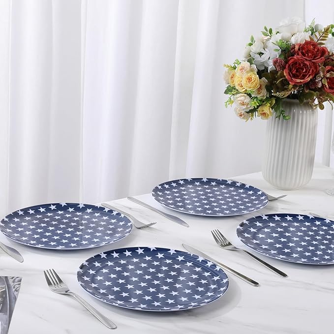 White Melamine Dinner Plates,6pcs Dishes Set,10inch Lightweight Round Plates,Scratch Resistant Unbreakable Serving Dishes,Star