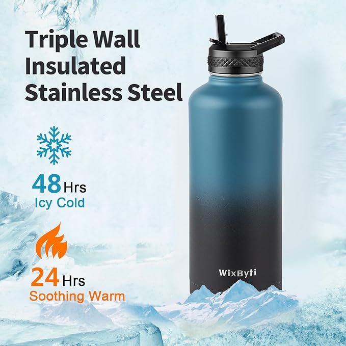 87 oz Insulated Water Bottle with Straw (Cold for 48 Hrs), Half Gallon Stainless Steel Triple Wall Vacuum Sports Water Jug, Leakproof Hydro Cup Flask with Straw Spout Lids & DIY Stickers